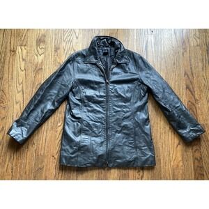 Vintage GAP Leather Jacket Womens Size Medium Black Y2K Long City Classic